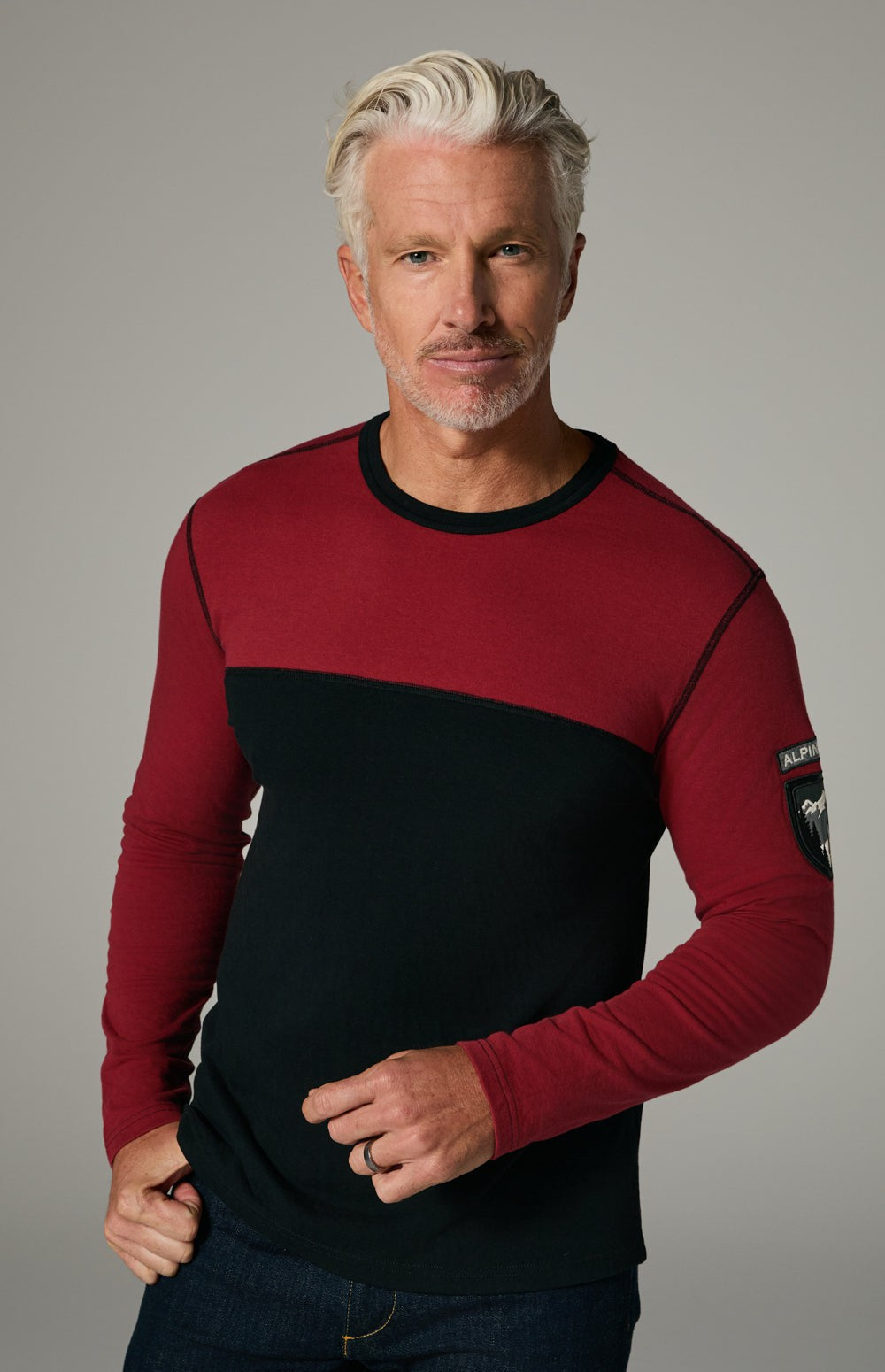 Alp N Rock Arthur Crew, red and black longsleeve shirt for men with embroidered arm patch