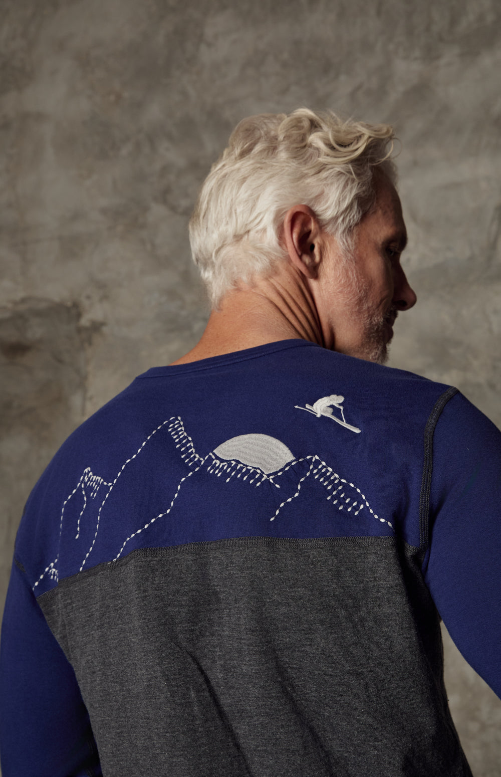 Alp N Rock Arthur Crew, blue and heather grey longsleeve shirt for men with embroidered arm patch