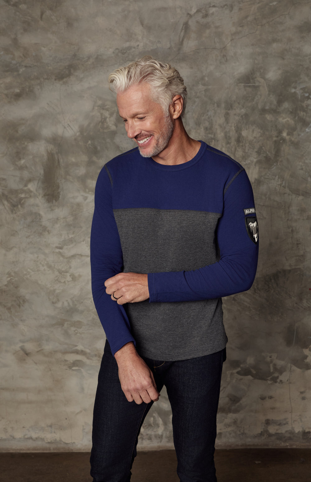 Alp N Rock Arthur Crew, blue and heather grey longsleeve shirt for men with embroidered arm patch