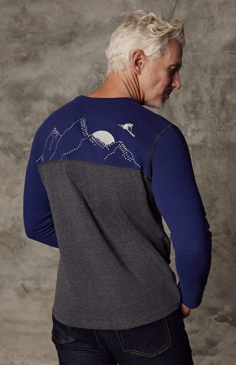 Alp N Rock Arthur Crew, blue and heather grey longsleeve shirt for men with embroidered arm patch