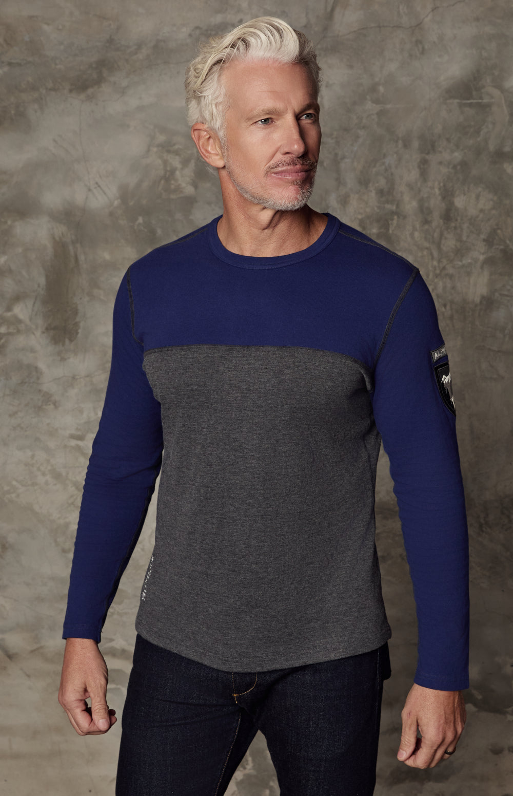 Alp N Rock Arthur Crew, blue and heather grey longsleeve shirt for men with embroidered arm patch