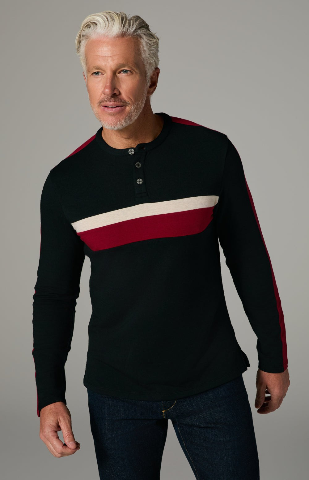 Alp N Rock Brent Shirt, black longsleeve shirt for men with red and white stripes on the chest and sleeves