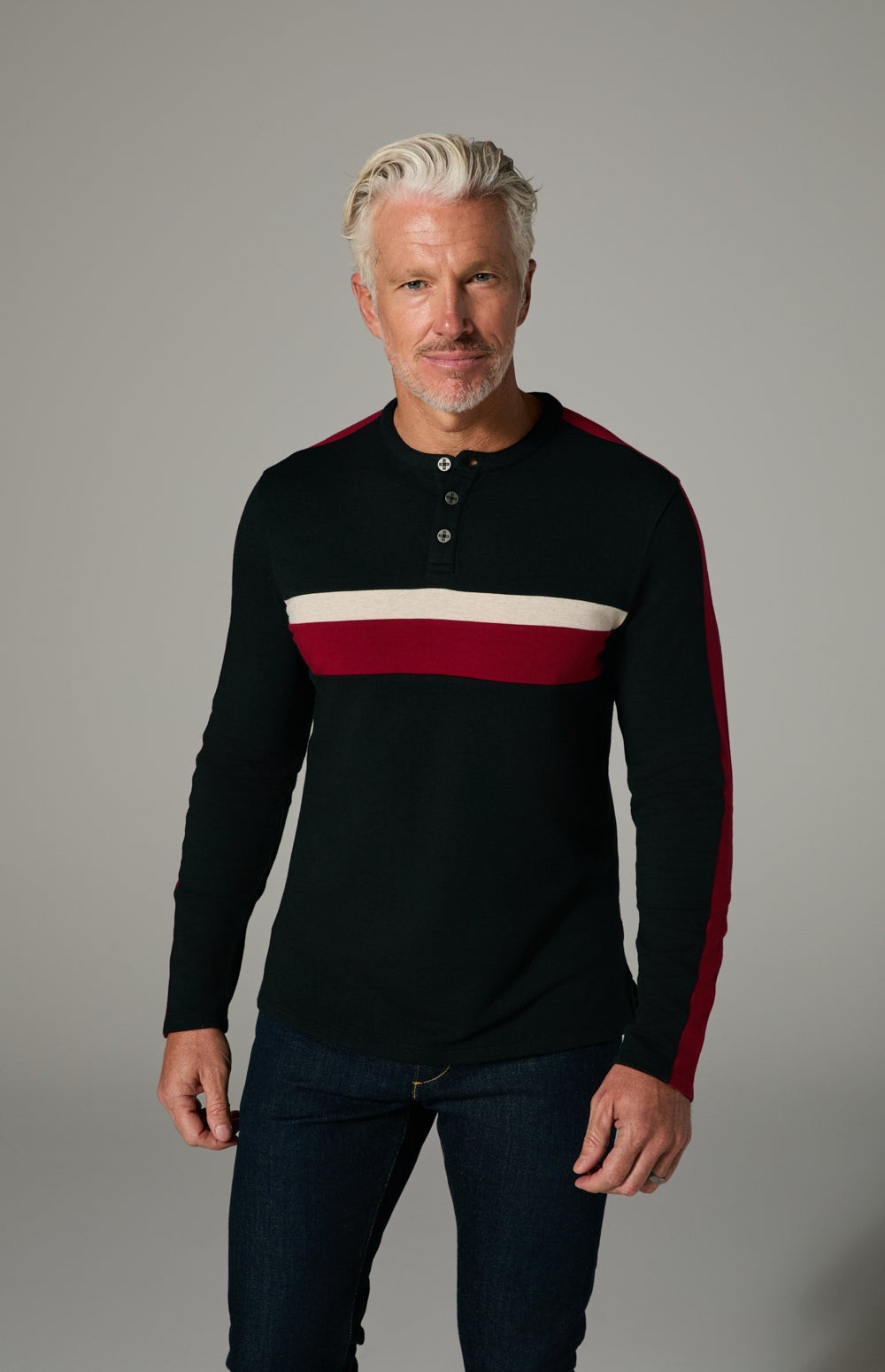 Alp N Rock Brent Shirt, black longsleeve shirt for men with red and white stripes on the chest and sleeves