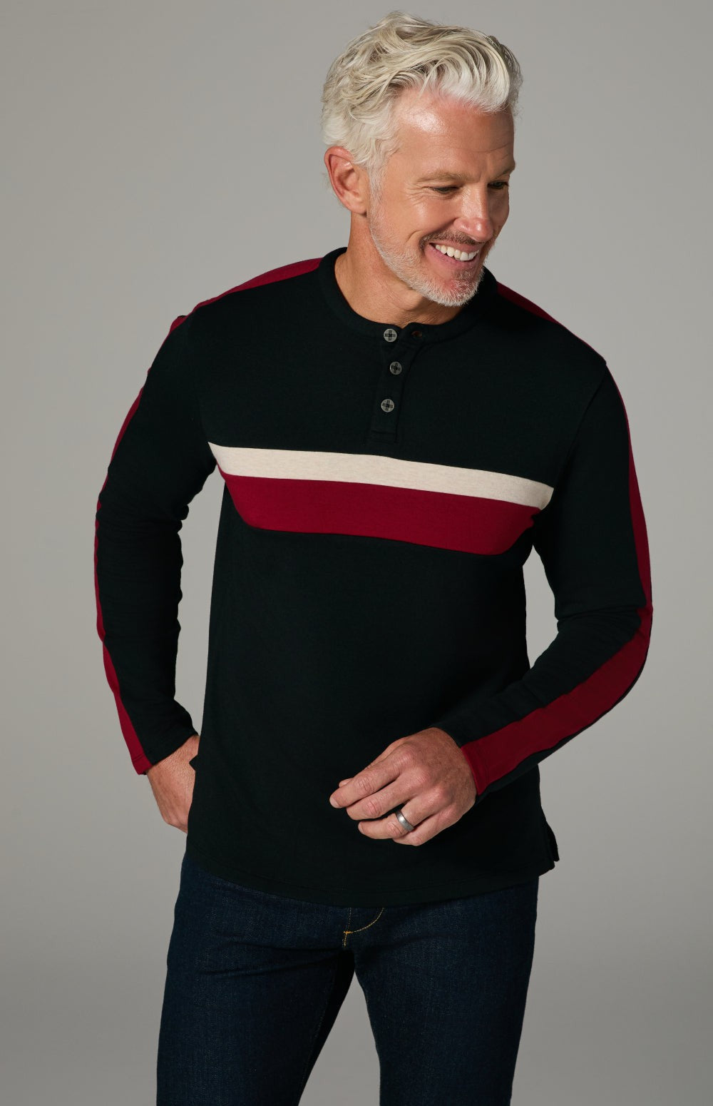 Alp N Rock Brent Shirt, black longsleeve shirt for men with red and white stripes on the chest and sleeves
