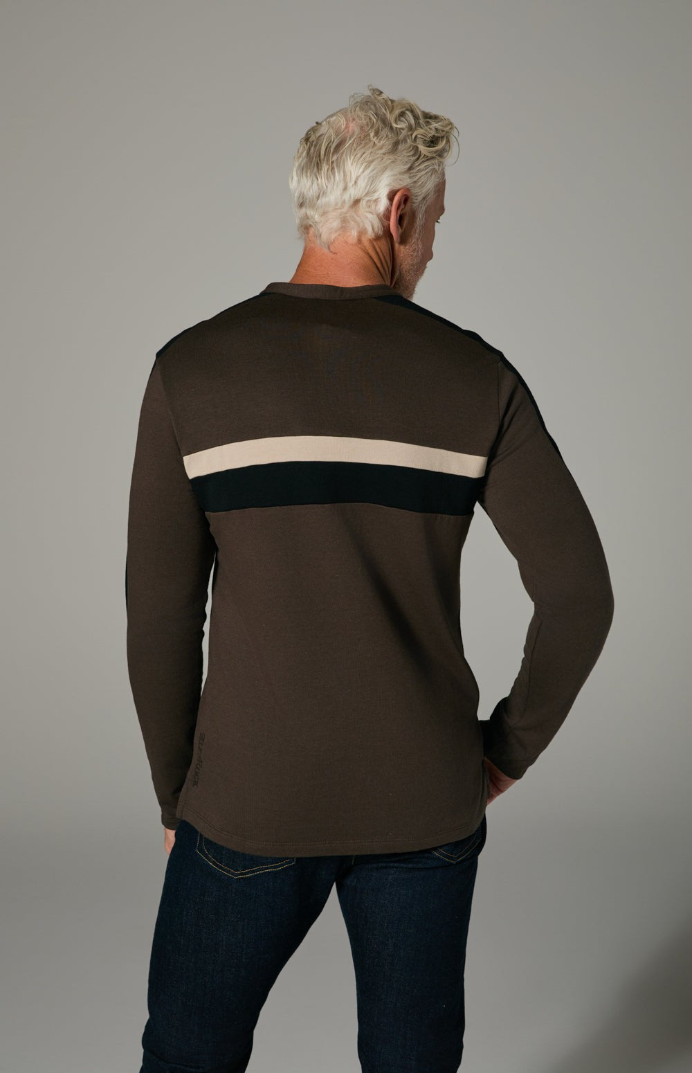 Alp N Rock Brent Shirt, brown longsleeve shirt for men with black and white stripes on the chest and sleeves