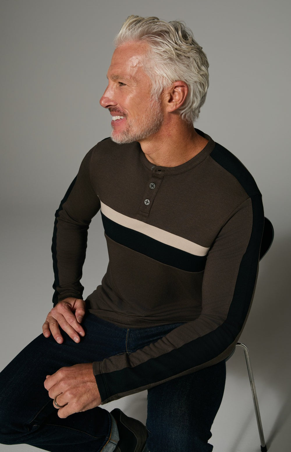 Alp N Rock Brent Shirt, brown longsleeve shirt for men with black and white stripes on the chest and sleeves