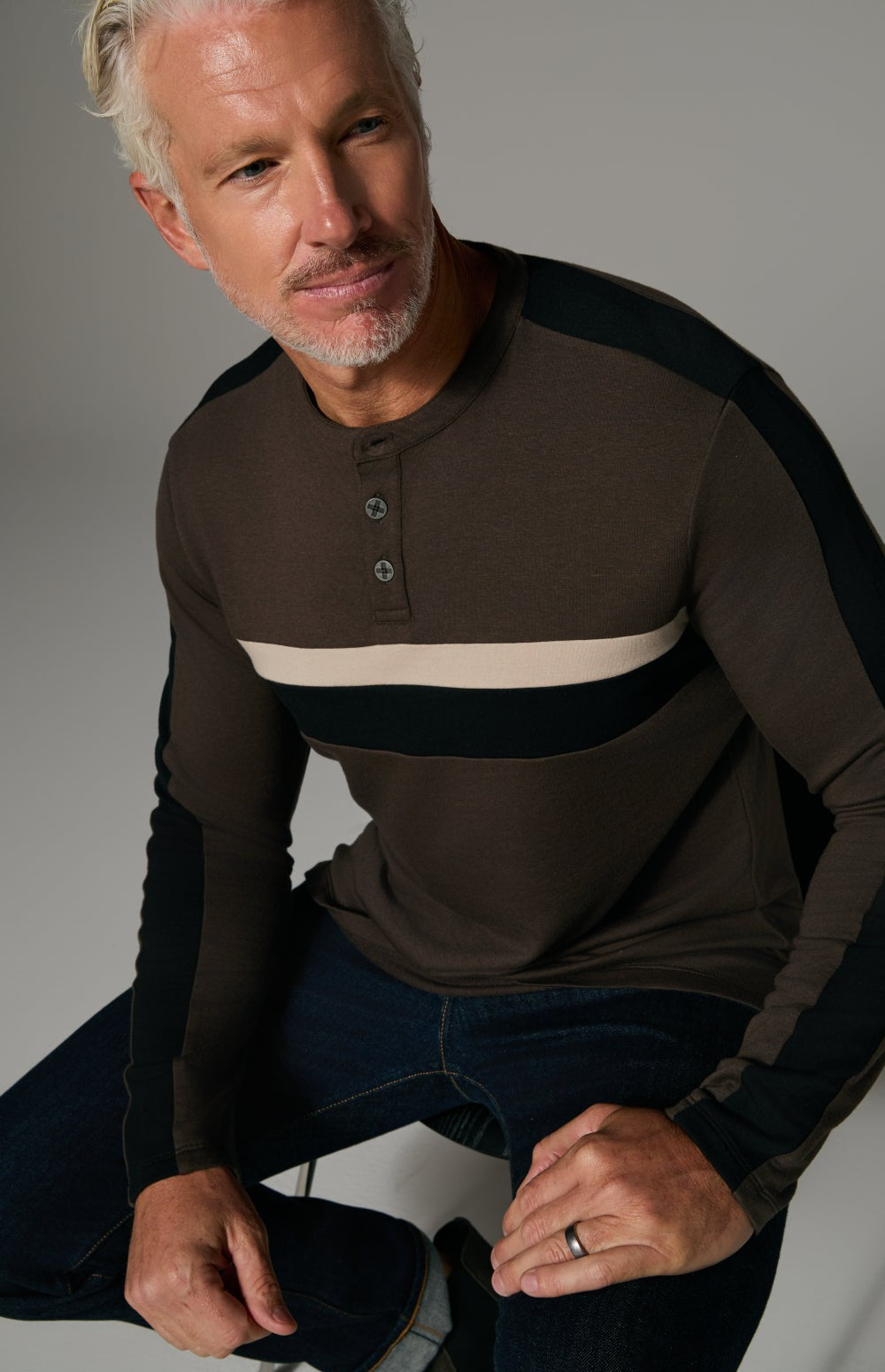 Alp N Rock Brent Shirt, brown longsleeve shirt for men with black and white stripes on the chest and sleeves