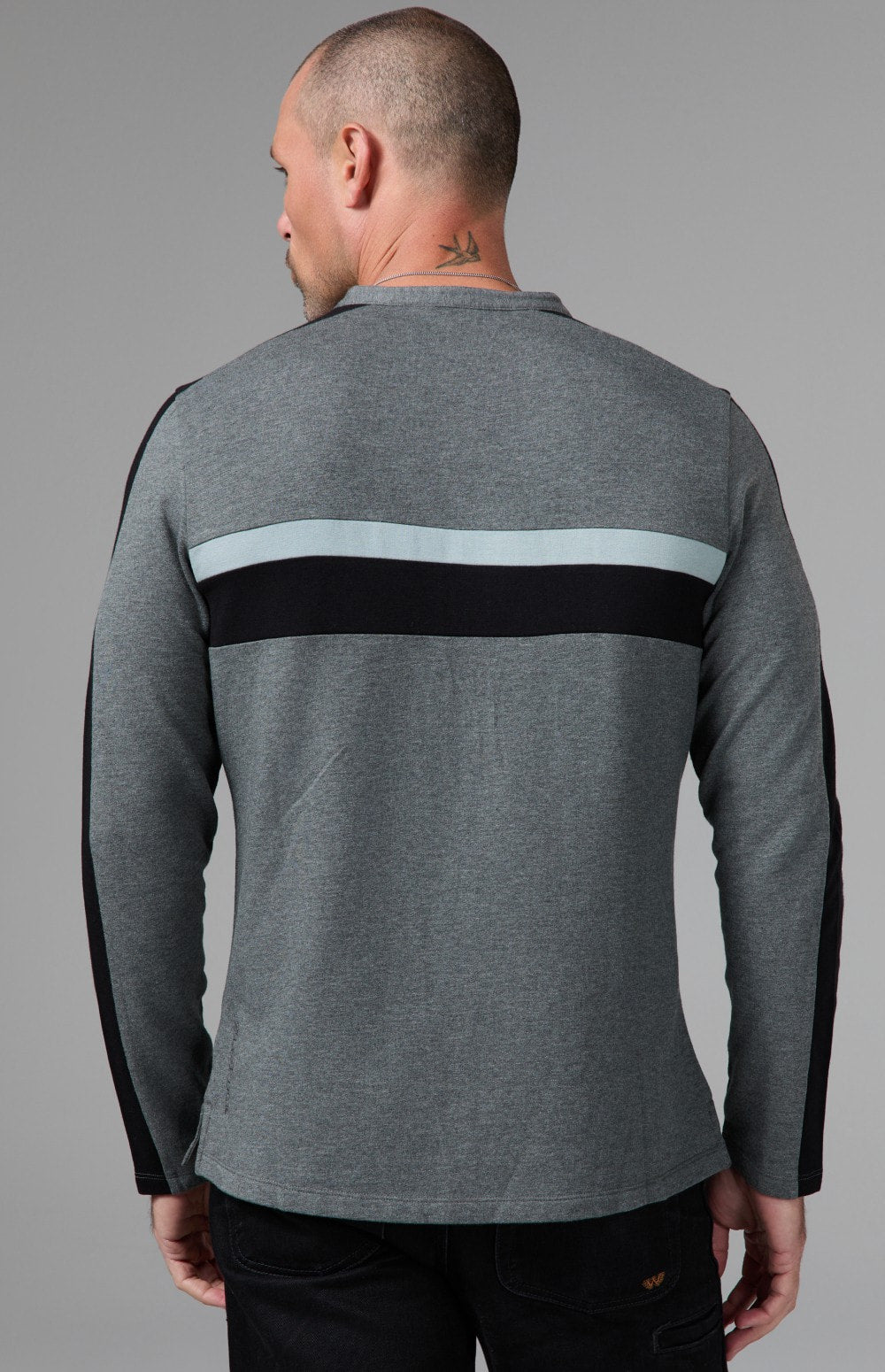 Alp N Rock Brent Shirt, heather grey longsleeve shirt for men with black and white stripes on the chest and sleeves