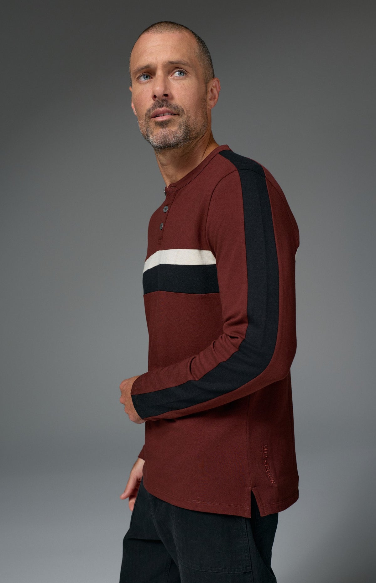 Alp N Rock Brent Shirt, dark red longsleeve shirt for men with white and black stripes on the chest and sleeves