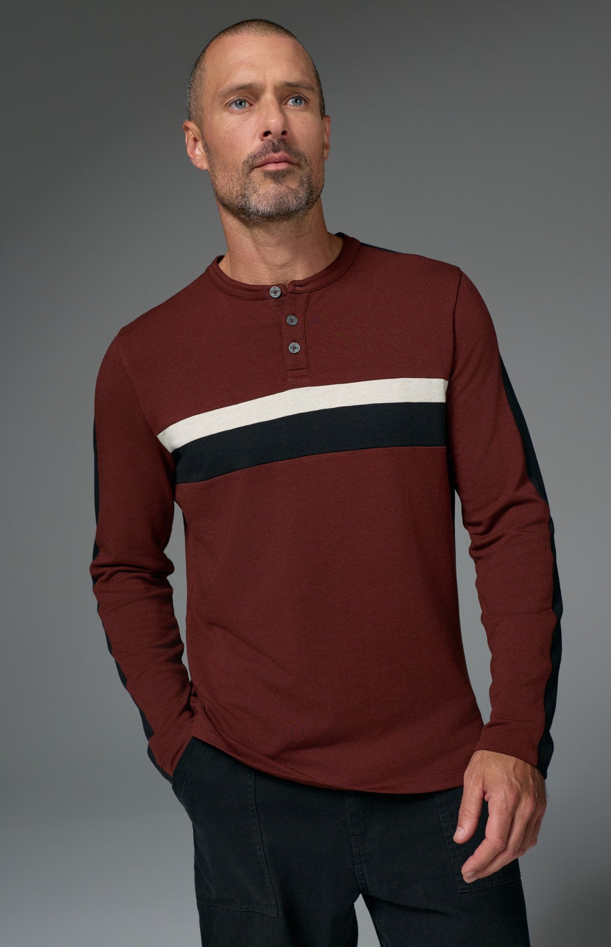 Alp N Rock Brent Shirt, dark red longsleeve shirt for men with white and black stripes on the chest and sleeves