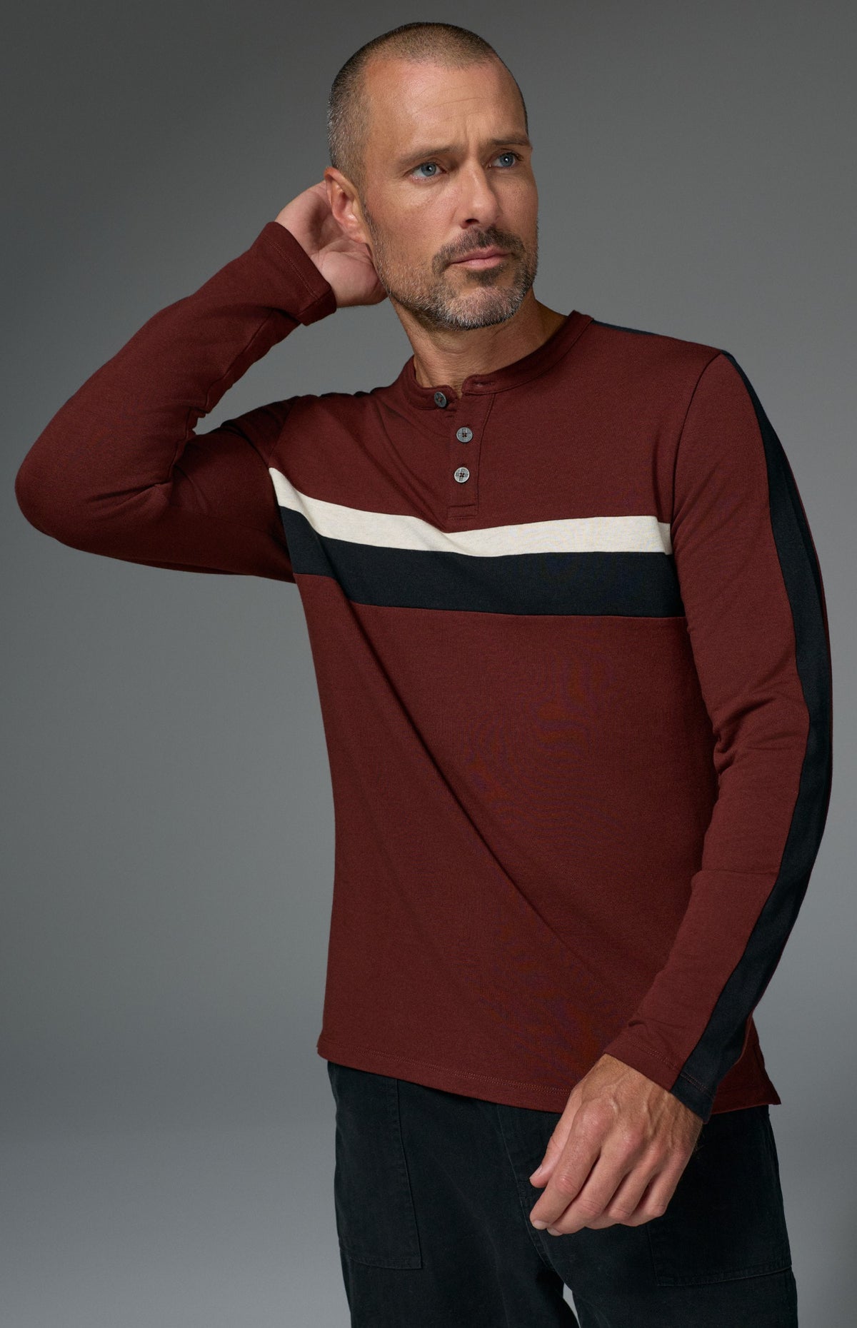 Alp N Rock Brent Shirt, dark red longsleeve shirt for men with white and black stripes on the chest and sleeves
