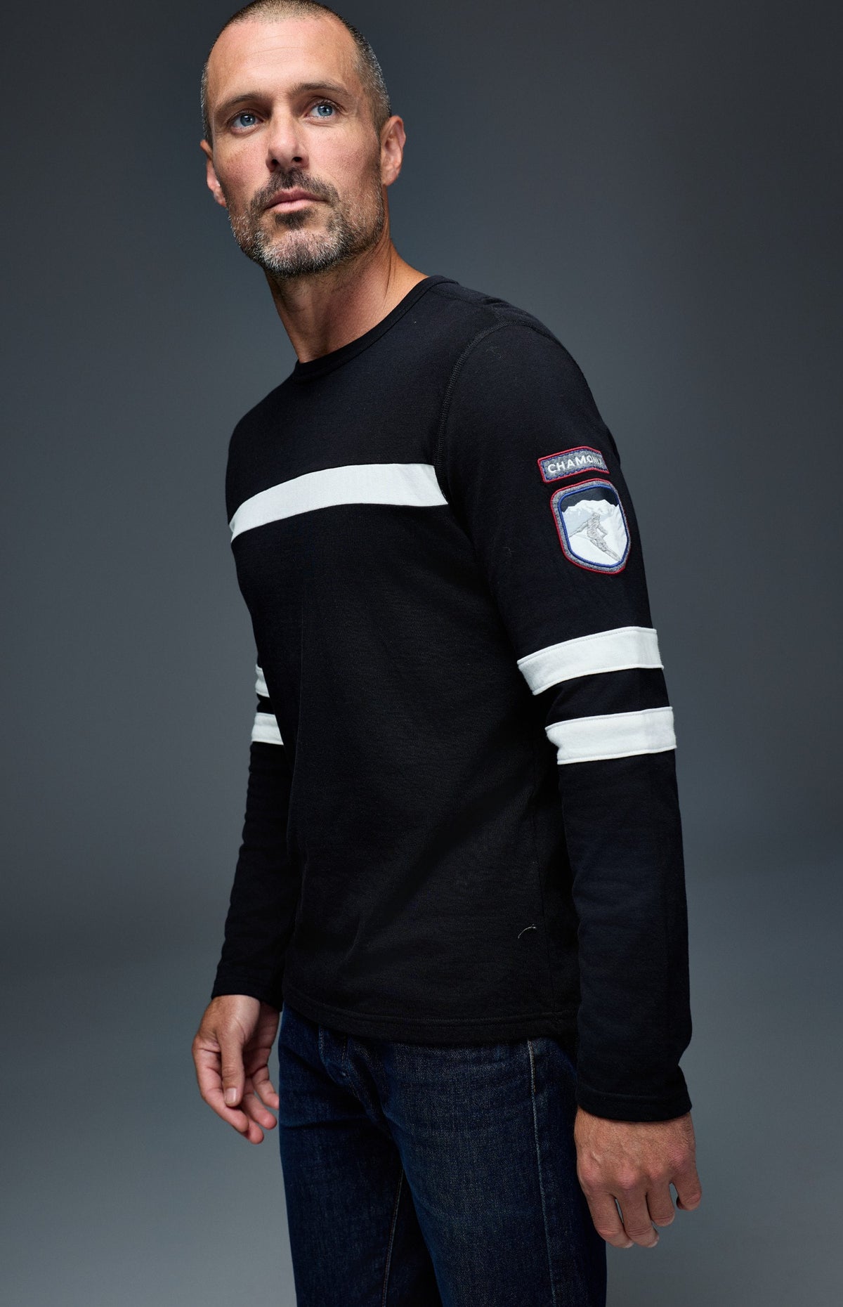 Alp N Rock Chamonix Ski Crew, black men's crew neck longsleeve sweater with white stripes