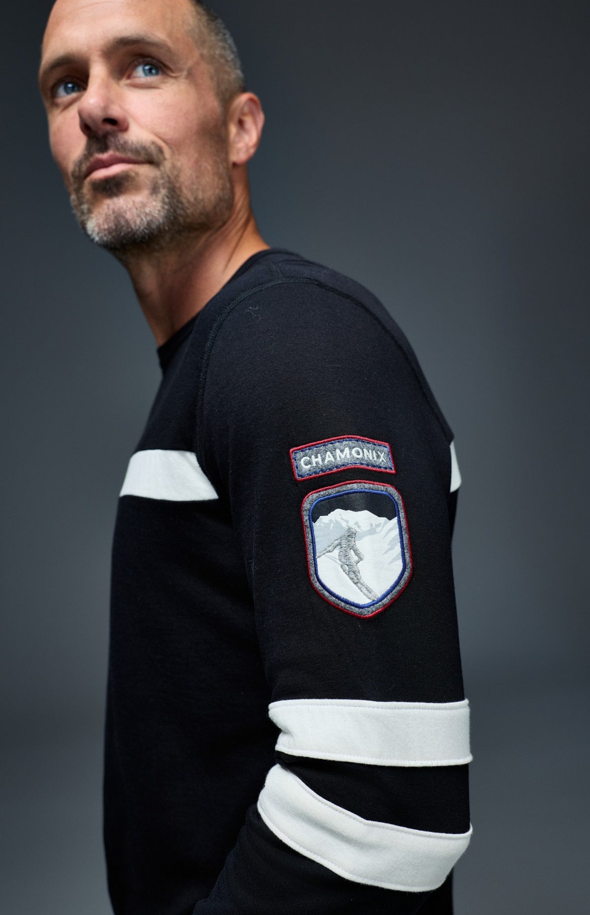 Alp N Rock Chamonix Ski Crew, black men's crew neck longsleeve sweater with white stripes