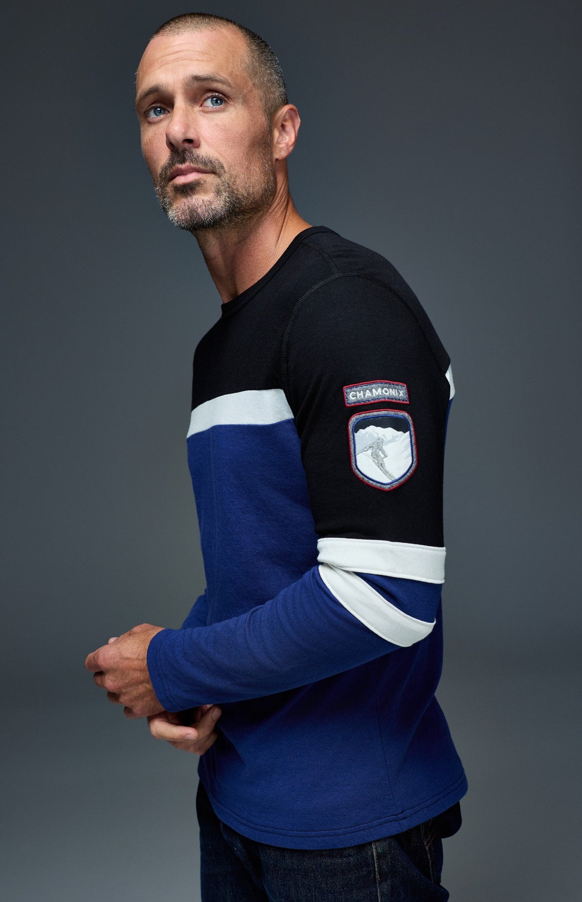 Alp N Rock Chamonix Ski Crew, deep blue men's crew neck longsleeve sweater with black and white stripes