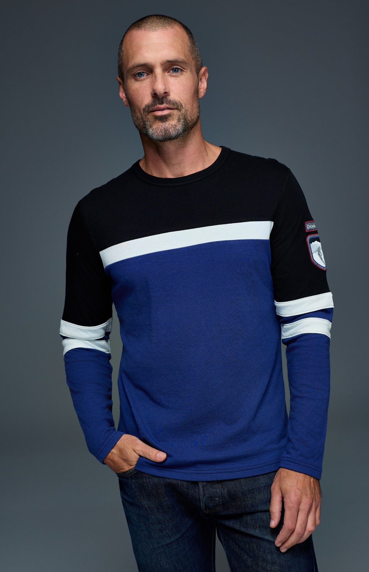 Alp N Rock Chamonix Ski Crew, deep blue men's crew neck longsleeve sweater with black and white stripes