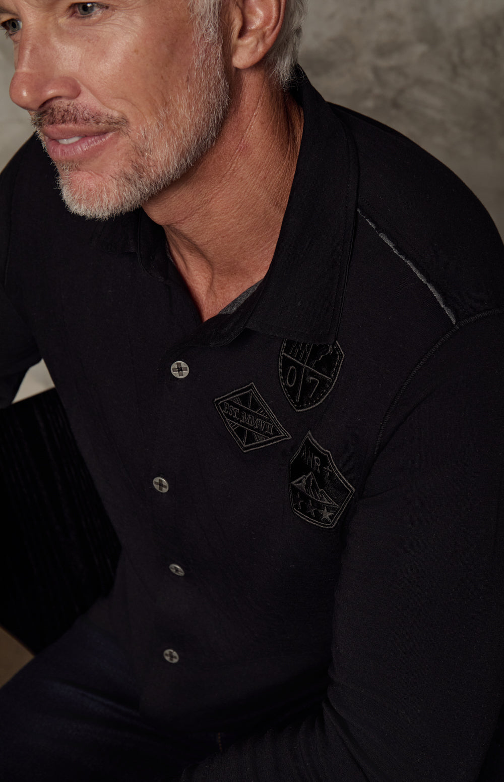 Alp N Rock Grayson Button Down, black longsleeve button down for men with ski patches at the chest