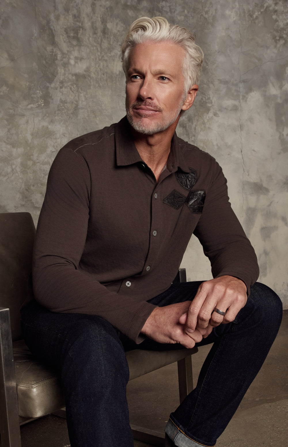 Alp N Rock Grayson Button Down, brown longsleeve button down for men with ski patches at the chest