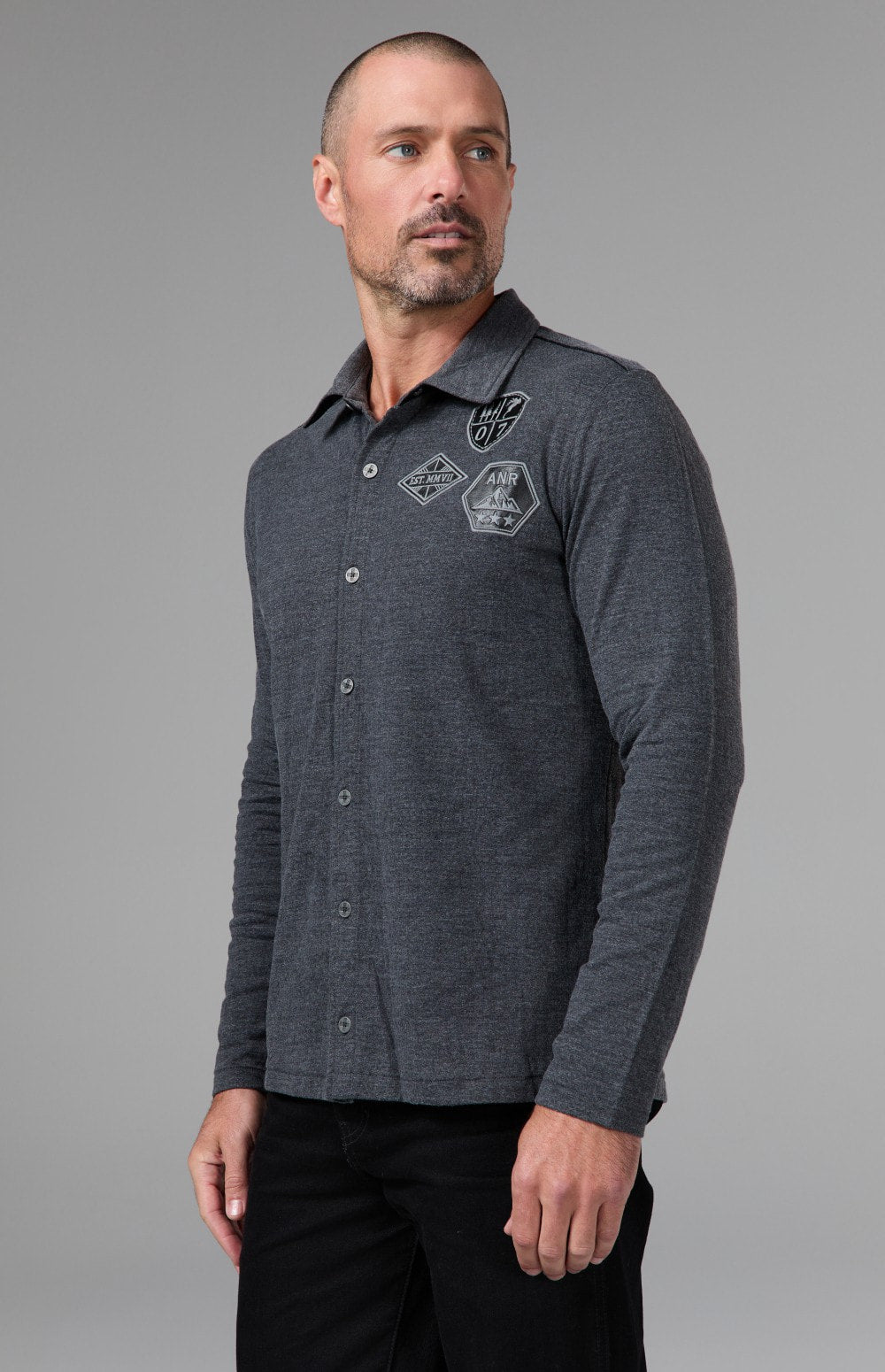 Alp N Rock Grayson Button Down, heather black longsleeve button down for men with ski patches at the chest