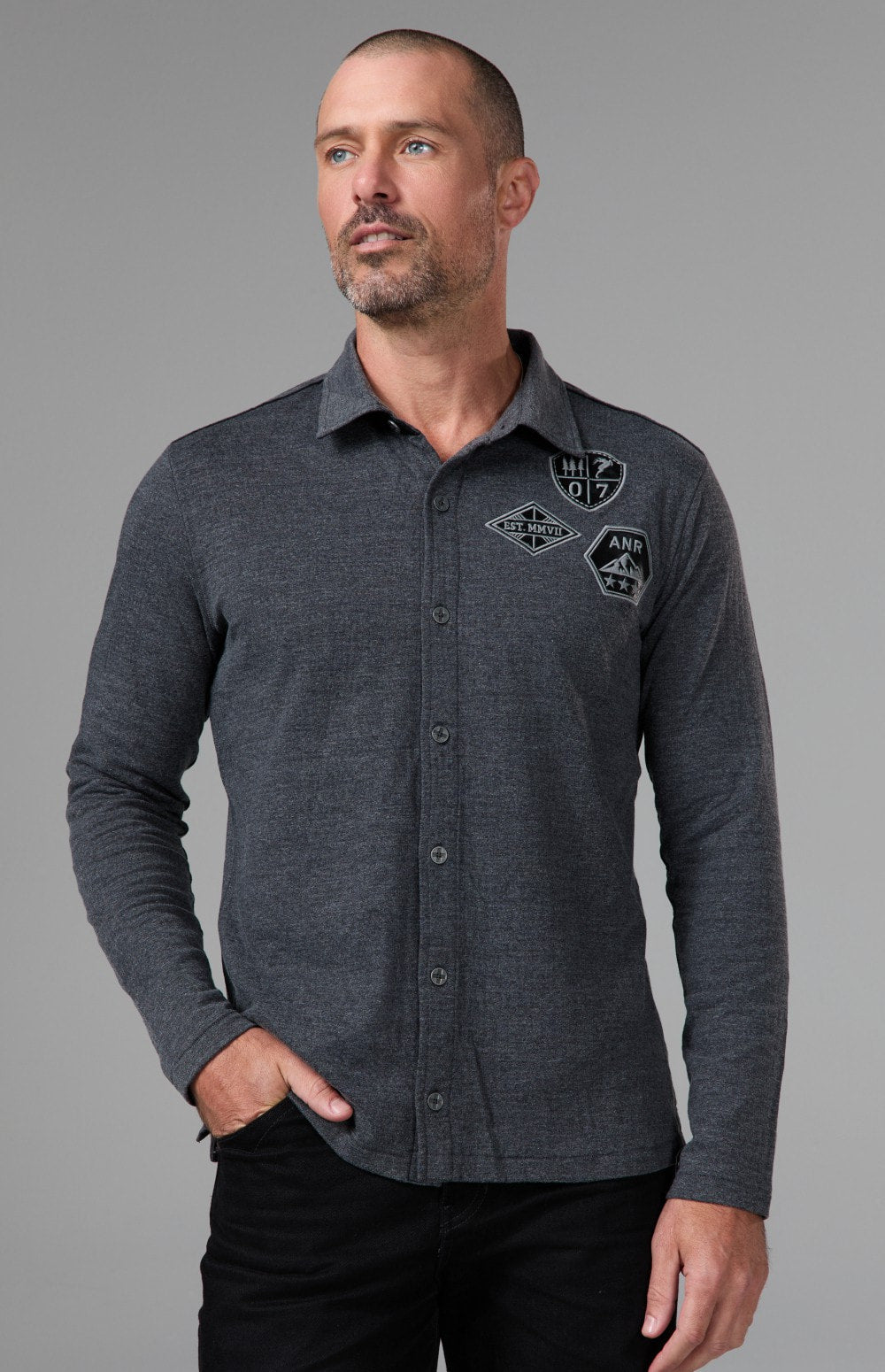 Alp N Rock Grayson Button Down, heather black longsleeve button down for men with ski patches at the chest