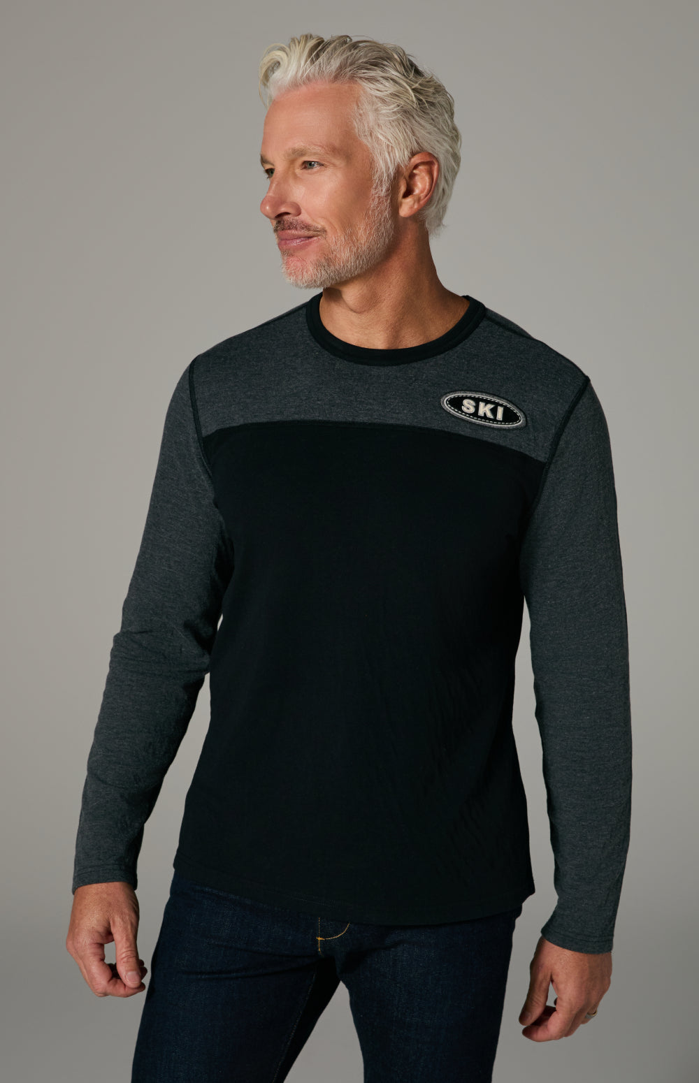Alp N Rock Henry Crew, black and heather grey longsleeve crew neck for men with ski patch detail at chest