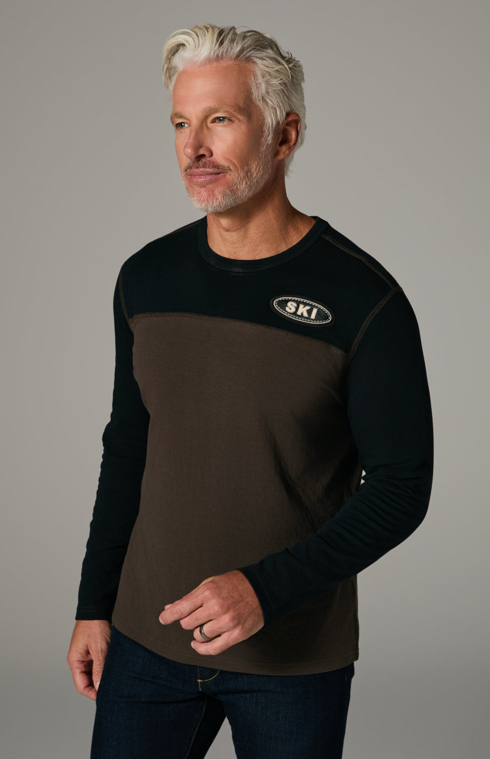 Alp N Rock Henry Crew, black and brown longsleeve crew neck for men with ski patch detail at chest