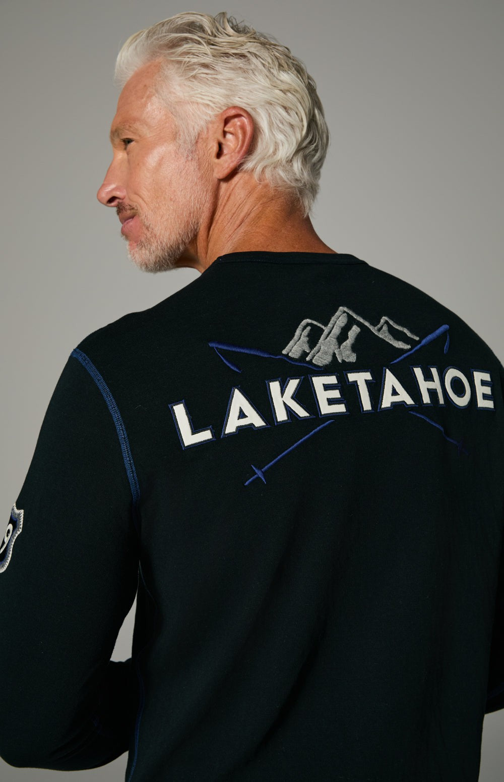 Alp N Rock Lake Tahoe Crew, heather black longsleeve crewneck shirt for men with Lake Tahoe lettering on back