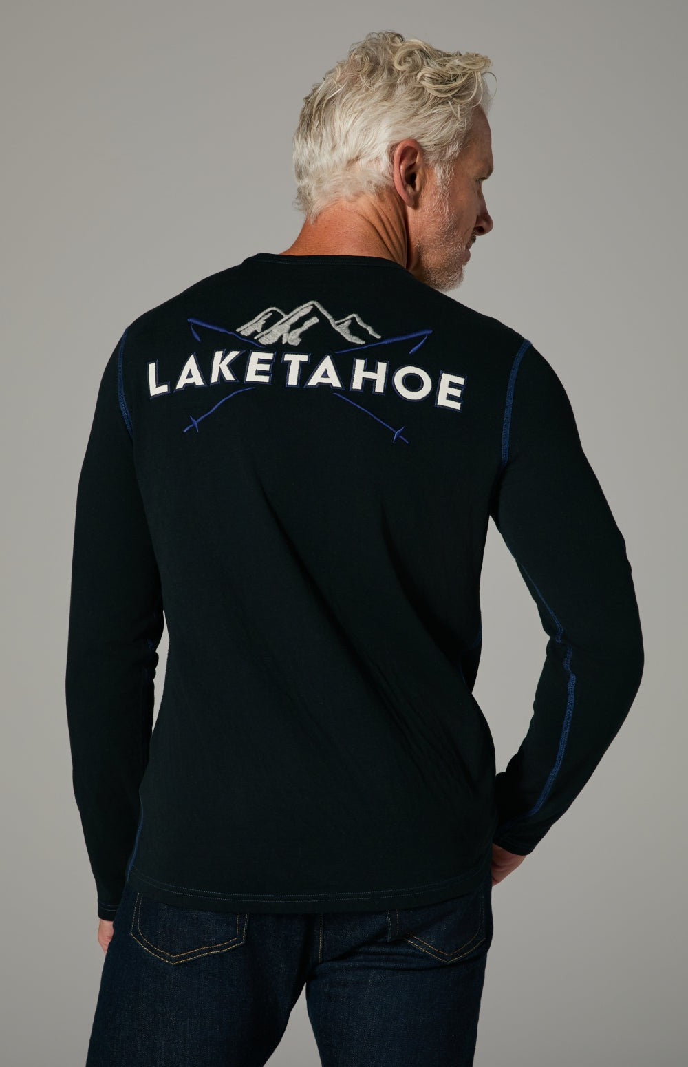 Alp N Rock Lake Tahoe Crew, heather black longsleeve crewneck shirt for men with Lake Tahoe lettering on back