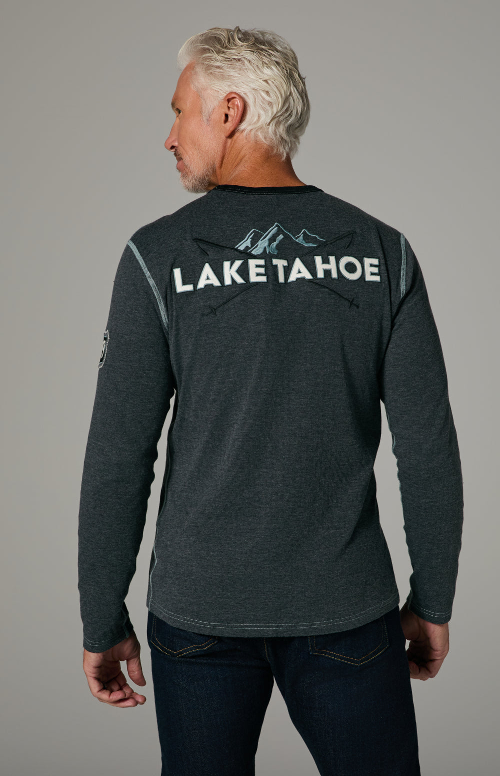 Alp N Rock Lake Tahoe Crew, heather black longsleeve crewneck shirt for men with Lake Tahoe lettering on back