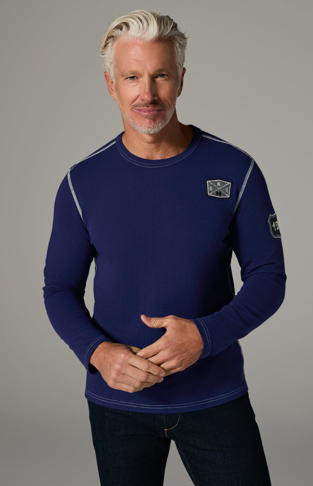 Alp N Rock Mammoth Crew, blue longlseeve shirt for men with embroidered accents at the chest and arm