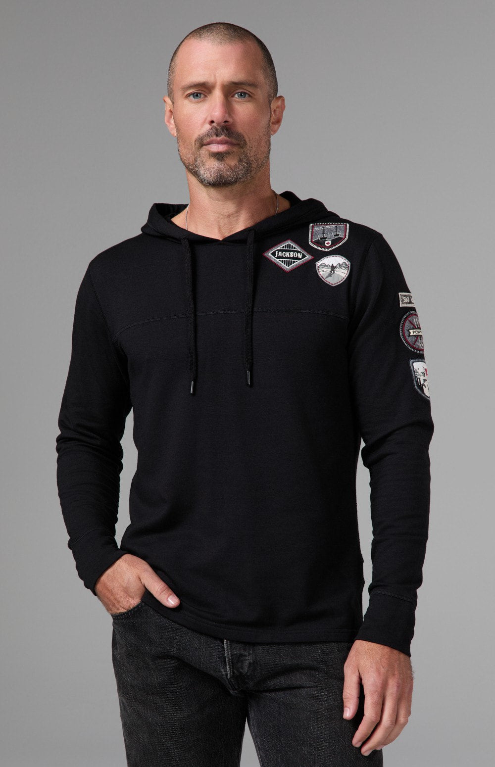 Alp N Rock Marco Hoodie, dark brown longsleeve hoodie with ski patches for men
