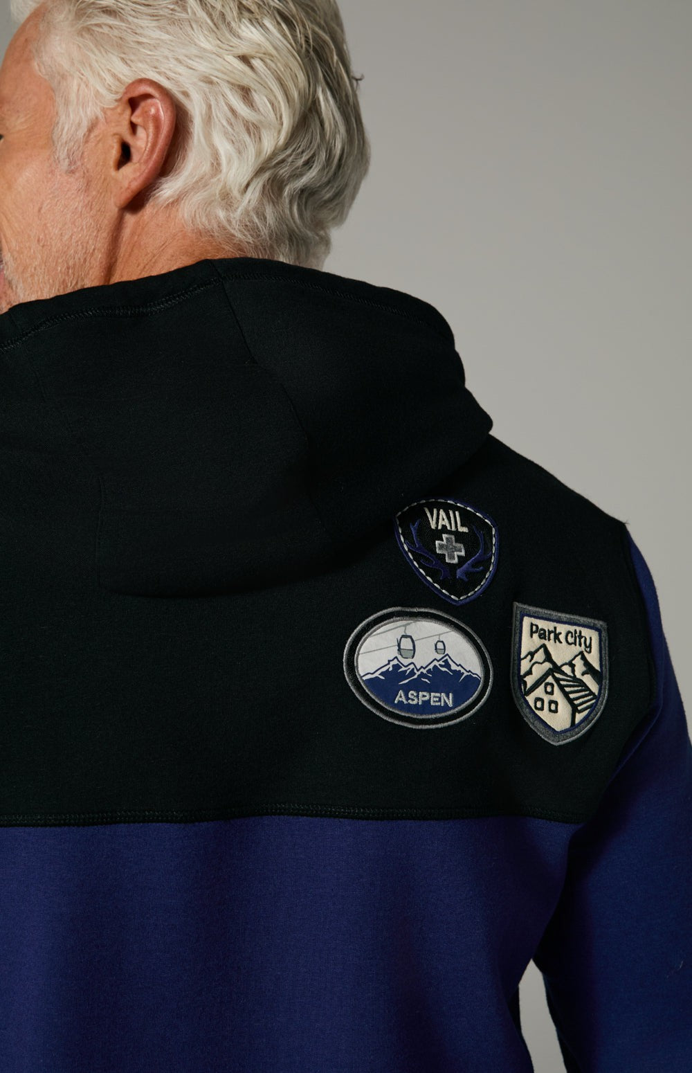 Alp N Rock Marco Hoodie, blue and black hoodie for men with ski resort patches on the chest and sleeves
