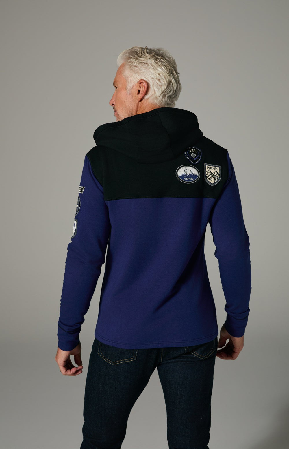Alp N Rock Marco Hoodie, blue and black hoodie for men with ski resort patches on the chest and sleeves