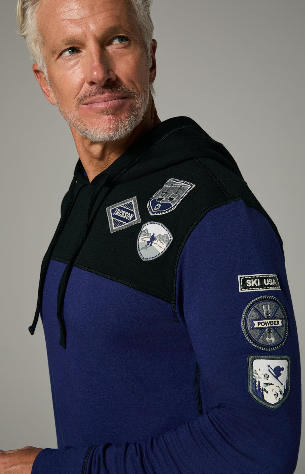 Alp N Rock Marco Hoodie, blue and black hoodie for men with ski resort patches on the chest and sleeves