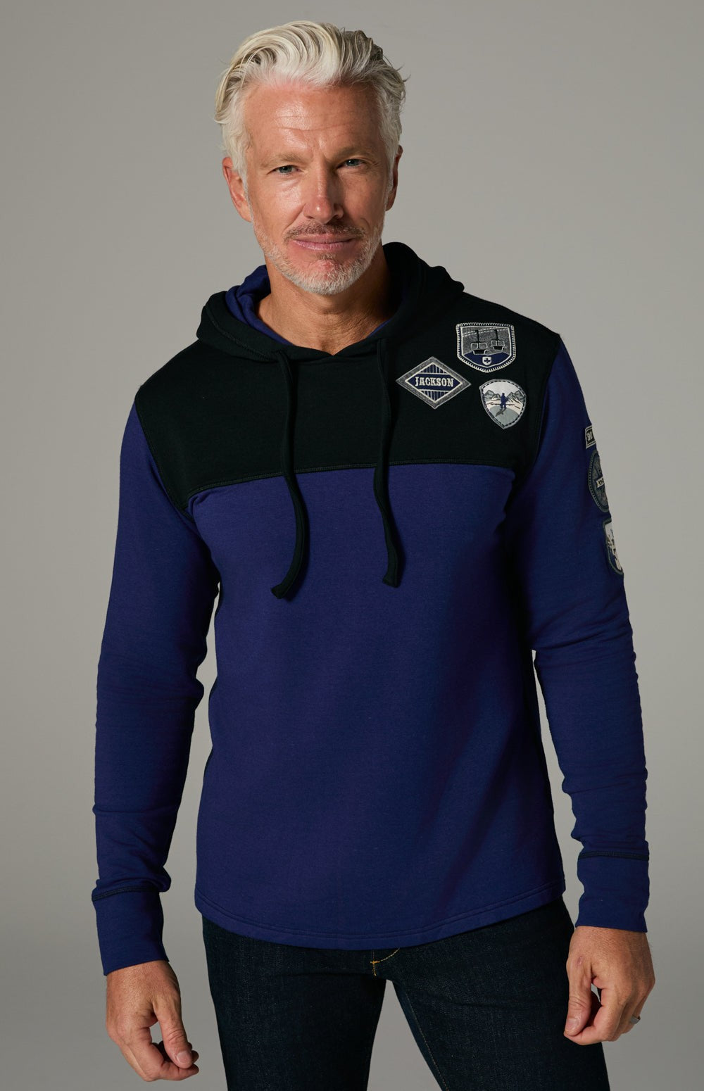 Alp N Rock Marco Hoodie, blue and black hoodie for men with ski resort patches on the chest and sleeves