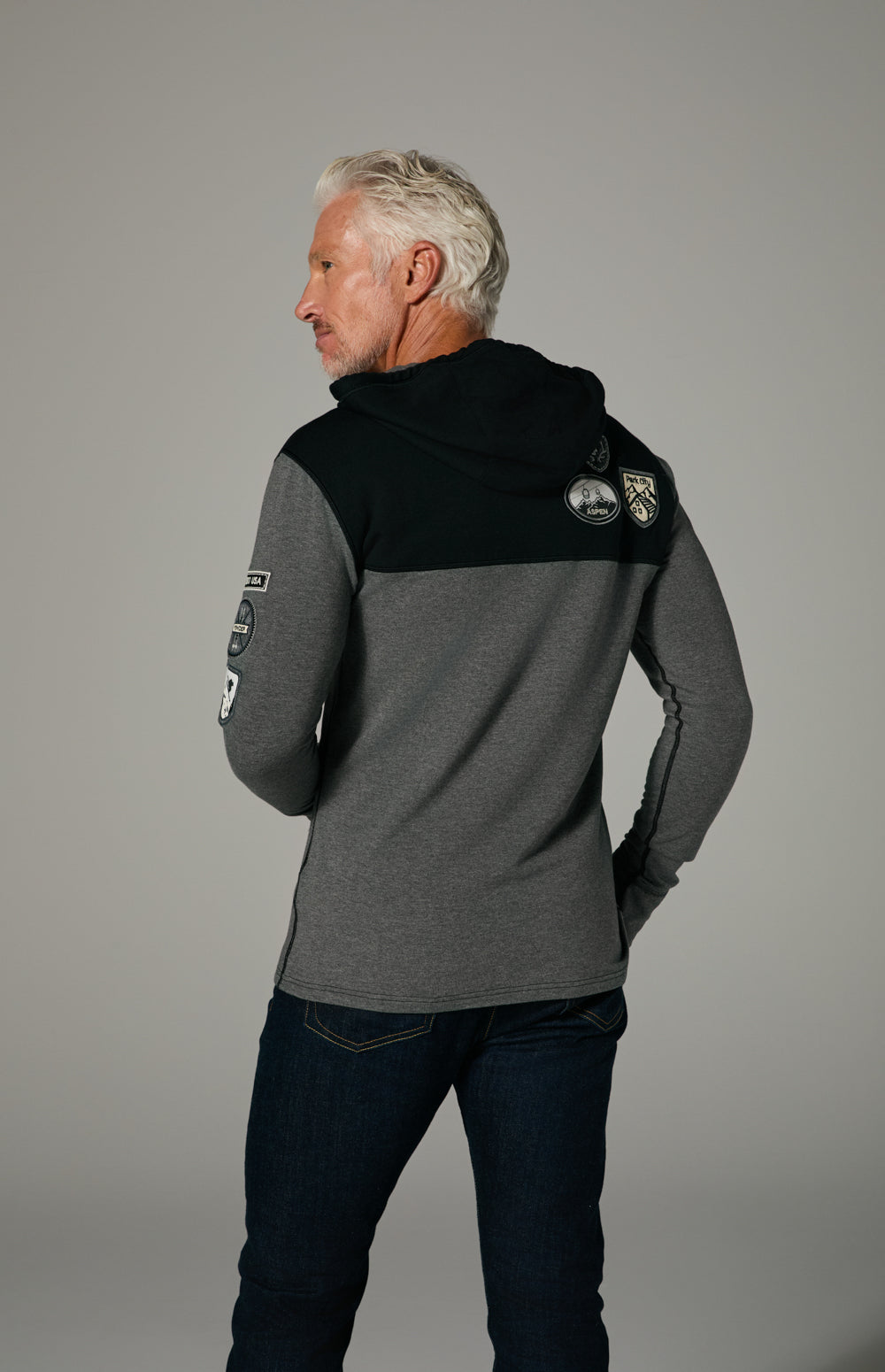Alp N Rock Marco Hoodie, black and heather grey hoodie for men with ski resort patches on the chest and sleeves
