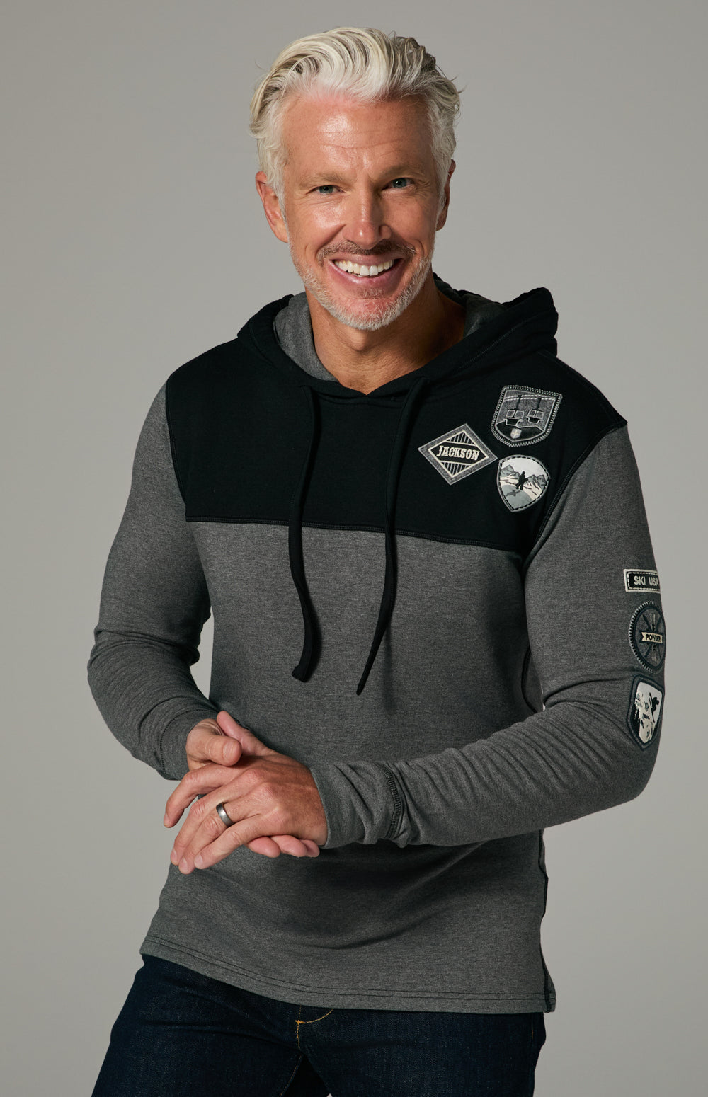 Alp N Rock Marco Hoodie, black and heather grey hoodie for men with ski resort patches on the chest and sleeves