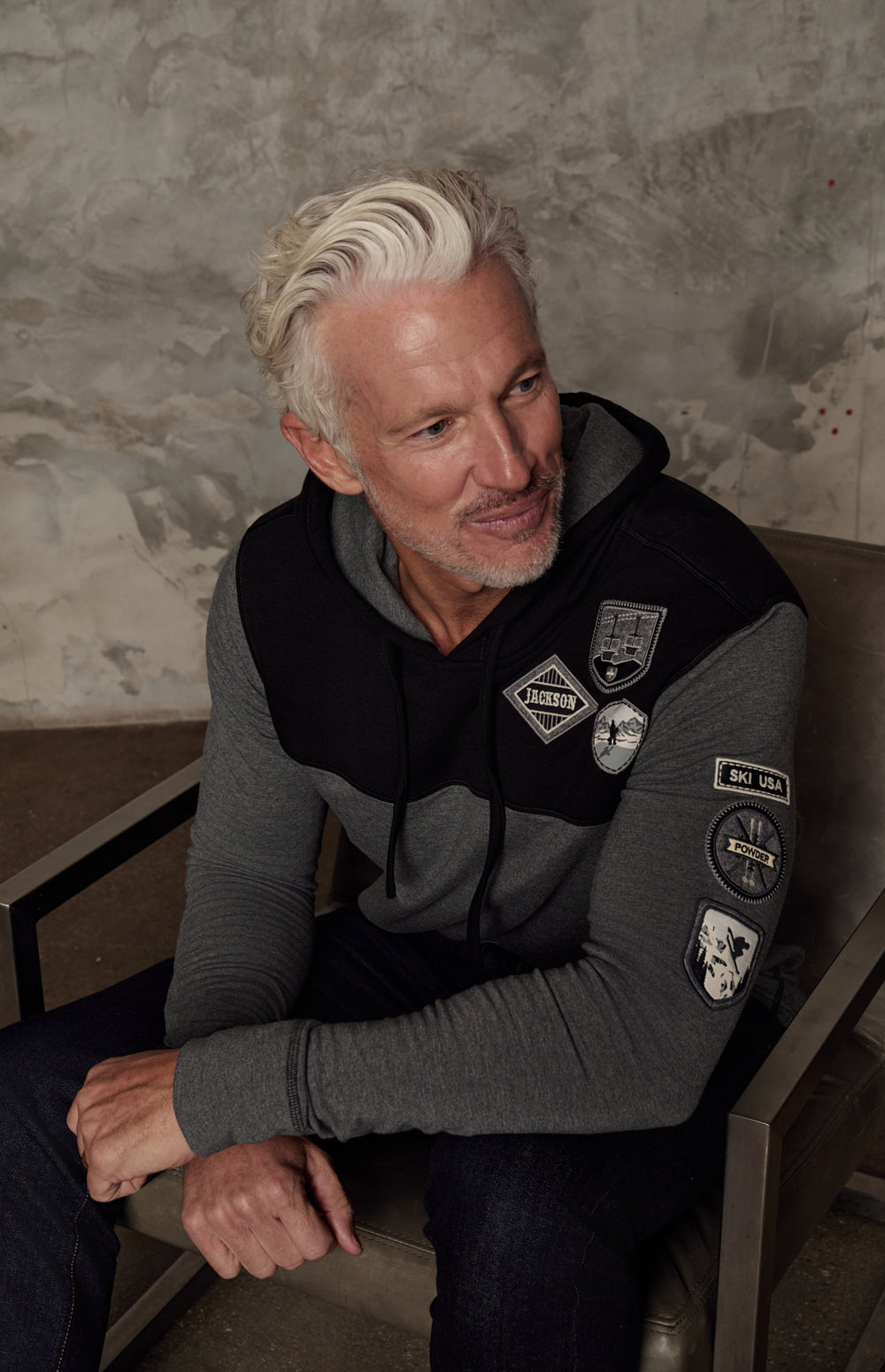 Alp N Rock Marco Hoodie, black and heather grey hoodie for men with ski resort patches on the chest and sleeves