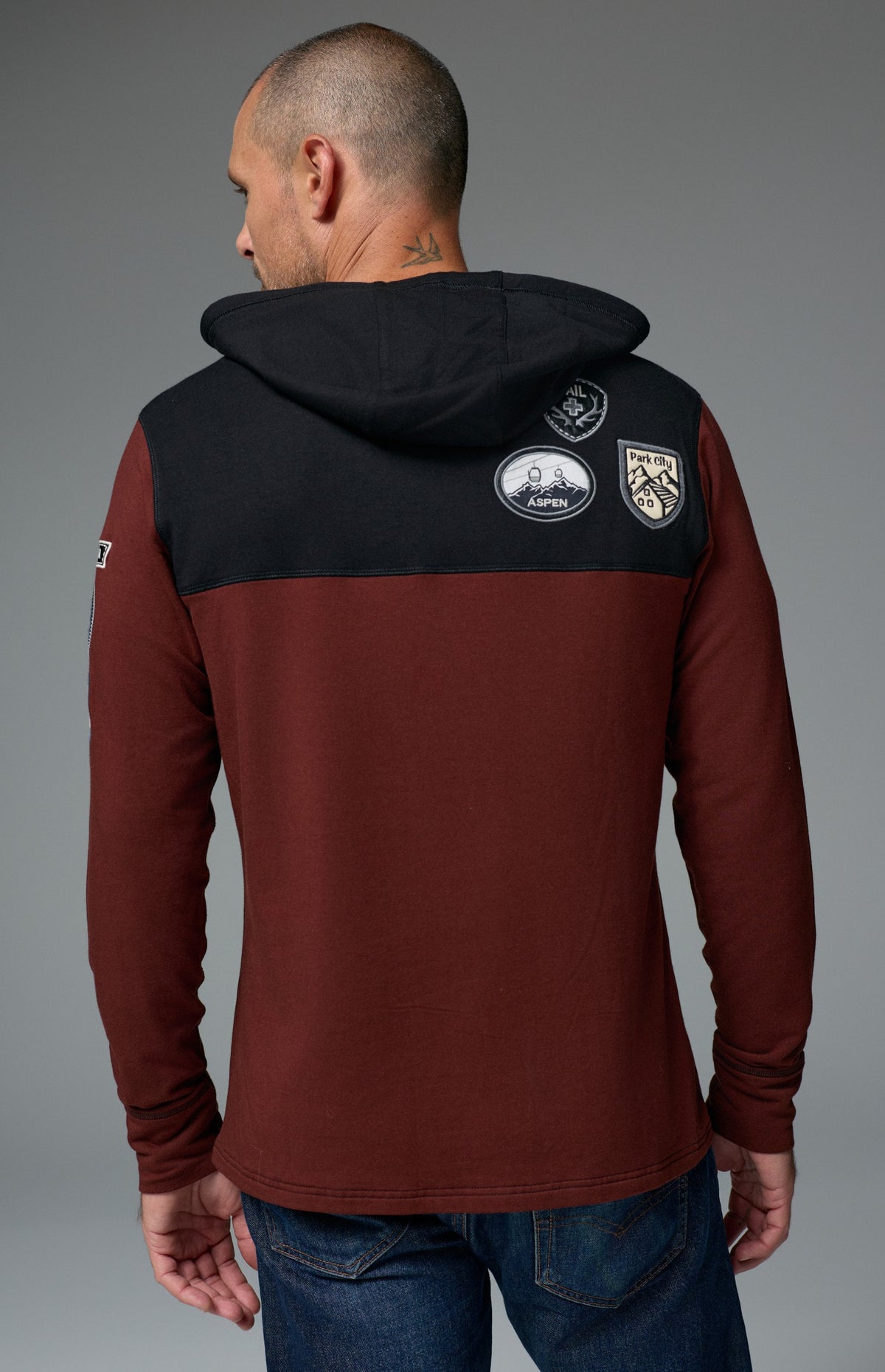 Alp N Rock Marco Hoodie, dark red longsleeve hoodie with ski patches for men