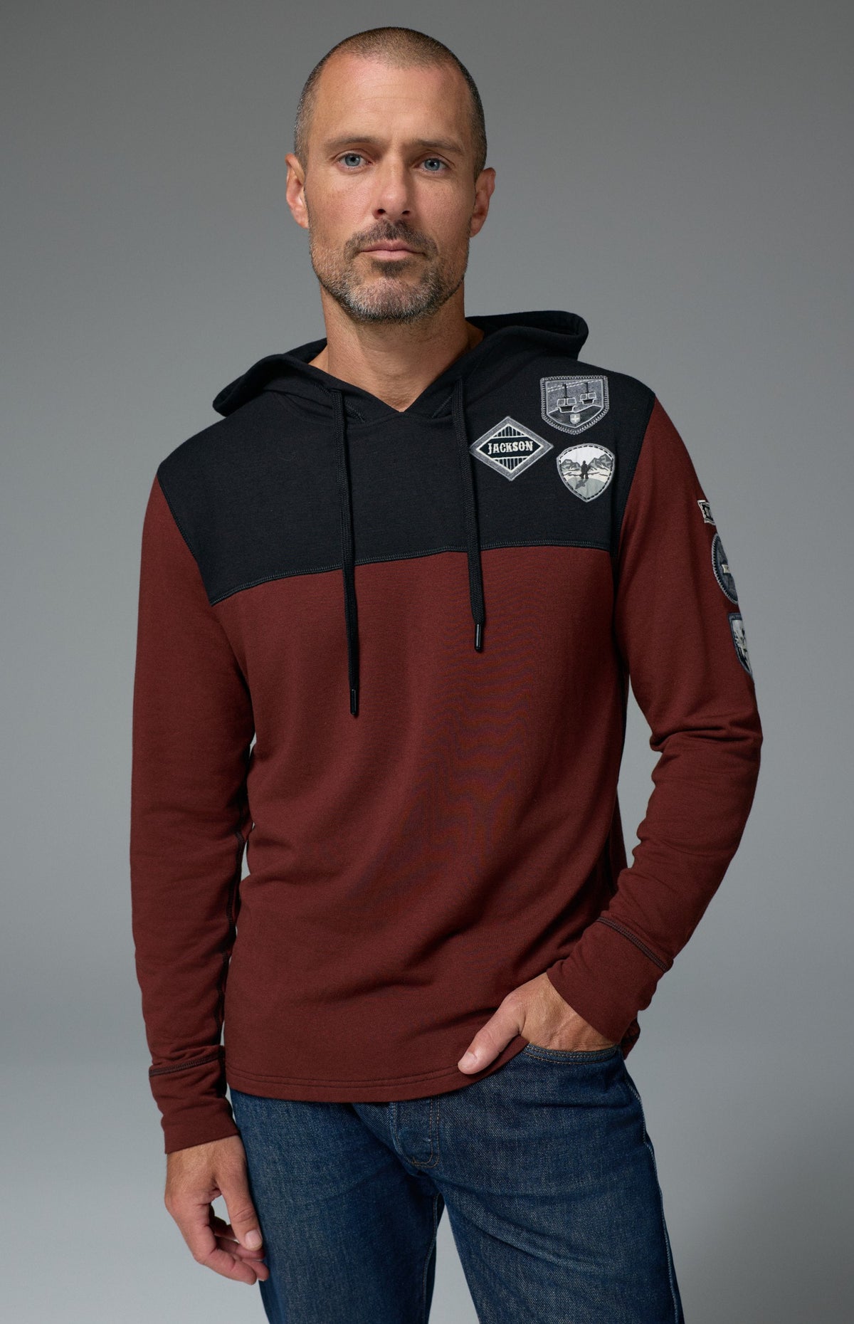 Alp N Rock Marco Hoodie, dark red longsleeve hoodie with ski patches for men