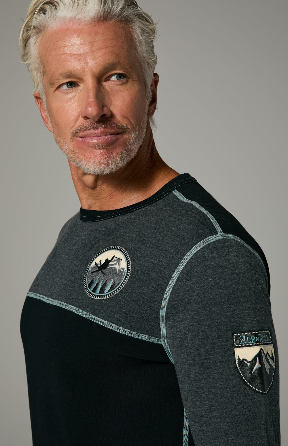 Alp N Rock Otis Crew, black and grey longsleeve crew neck for men with embroidered skier details on front and back