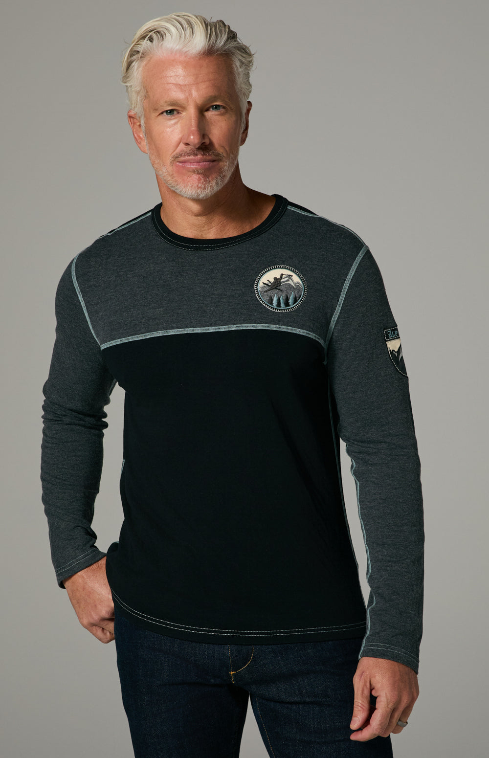 Alp N Rock Otis Crew, black and grey longsleeve crew neck for men with embroidered skier details on front and back