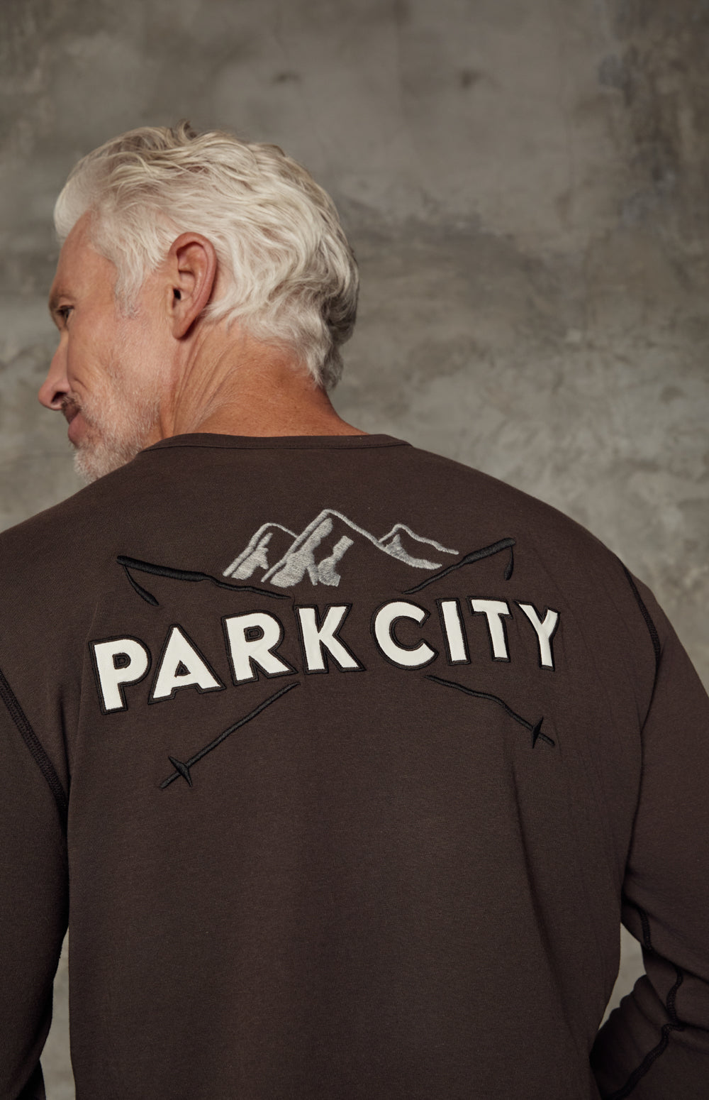 Alp N Rock Park City Crew, brown longlseeve shirt for men with black chest fabric and mountain patch