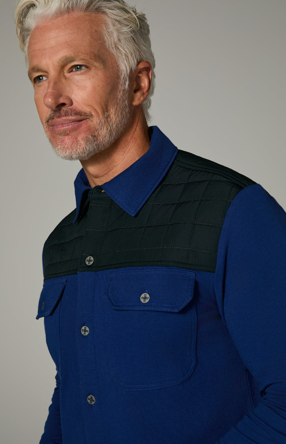Alp N Rock Roger Button Down, blue men's button down with quilted fabric chest detail and chest pockets