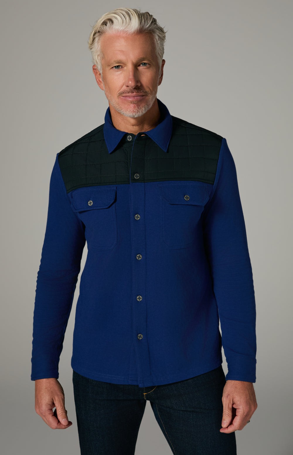 Alp N Rock Roger Button Down, blue men's button down with quilted fabric chest detail and chest pockets