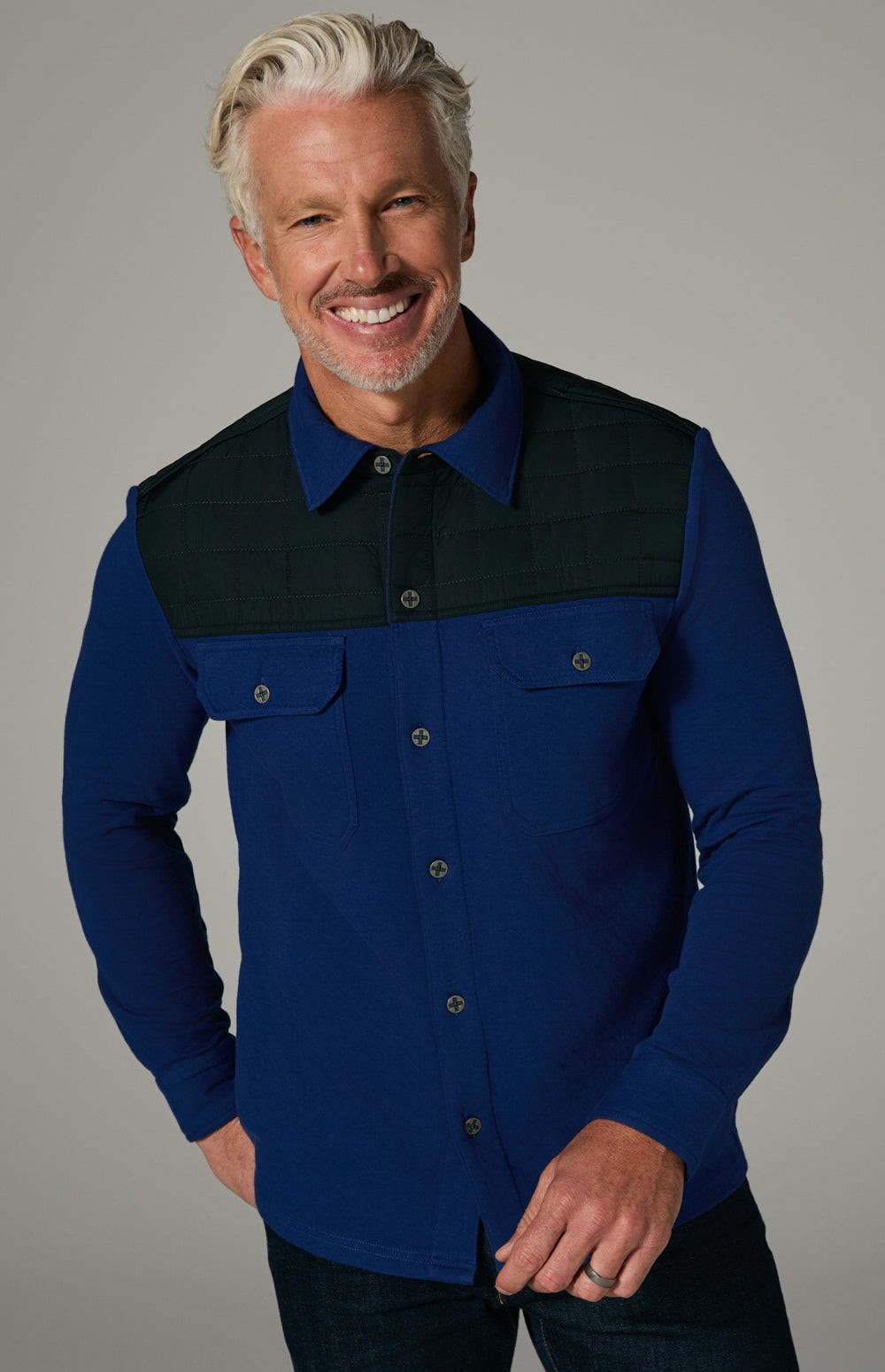 Alp N Rock Roger Button Down, blue men's button down with quilted fabric chest detail and chest pockets