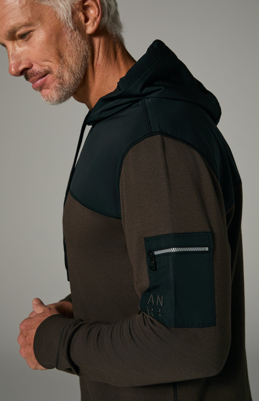 Alp N Rock Rowan Hoodie, dark brown hoodie for men with black chest fabric and zippered sleeve pocket