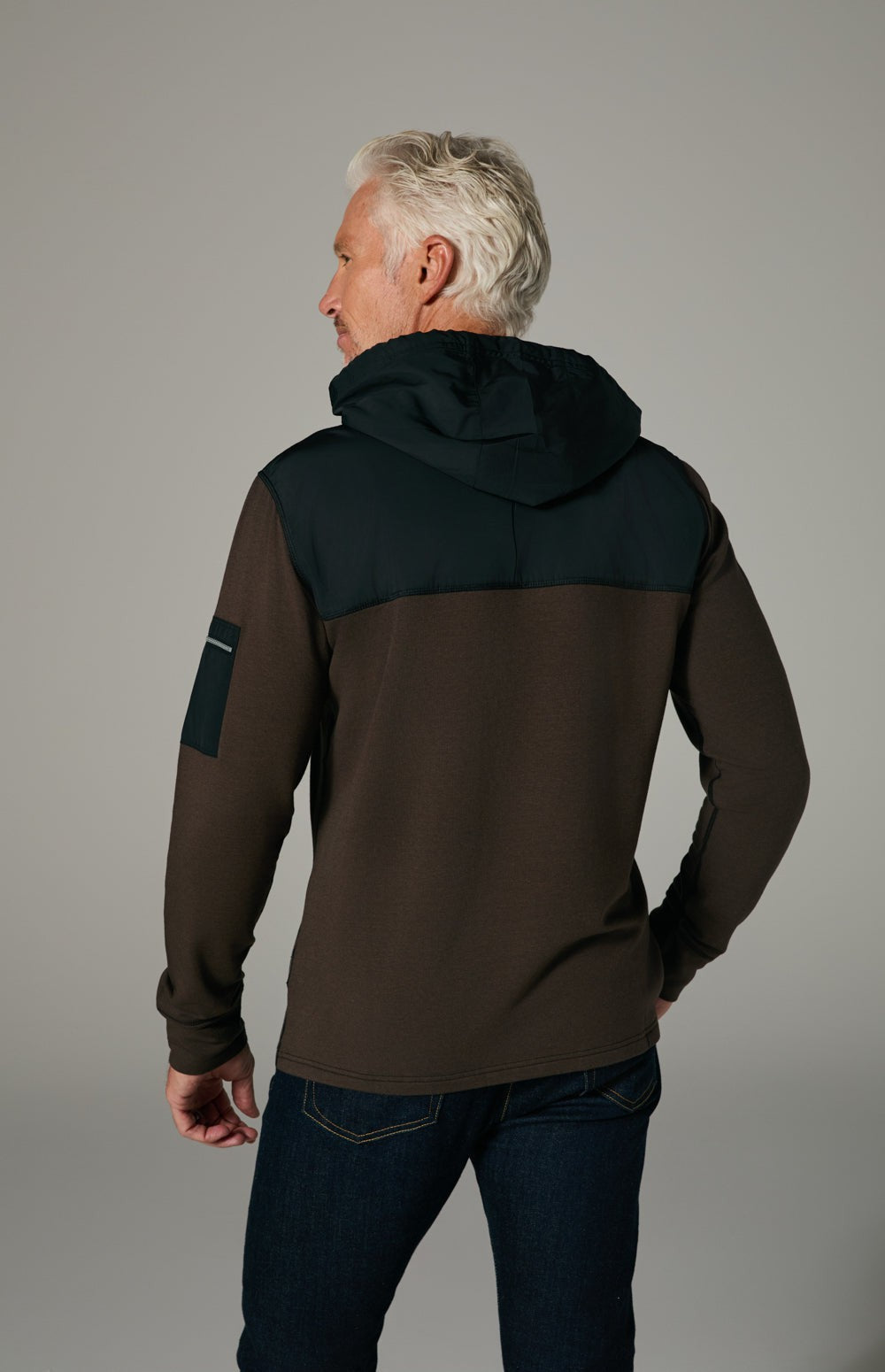 Alp N Rock Rowan Hoodie, dark brown hoodie for men with black chest fabric and zippered sleeve pocket