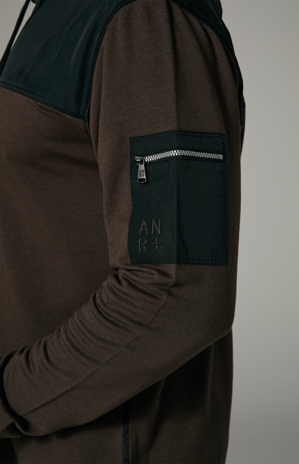 Alp N Rock Rowan Hoodie, dark brown hoodie for men with black chest fabric and zippered sleeve pocket