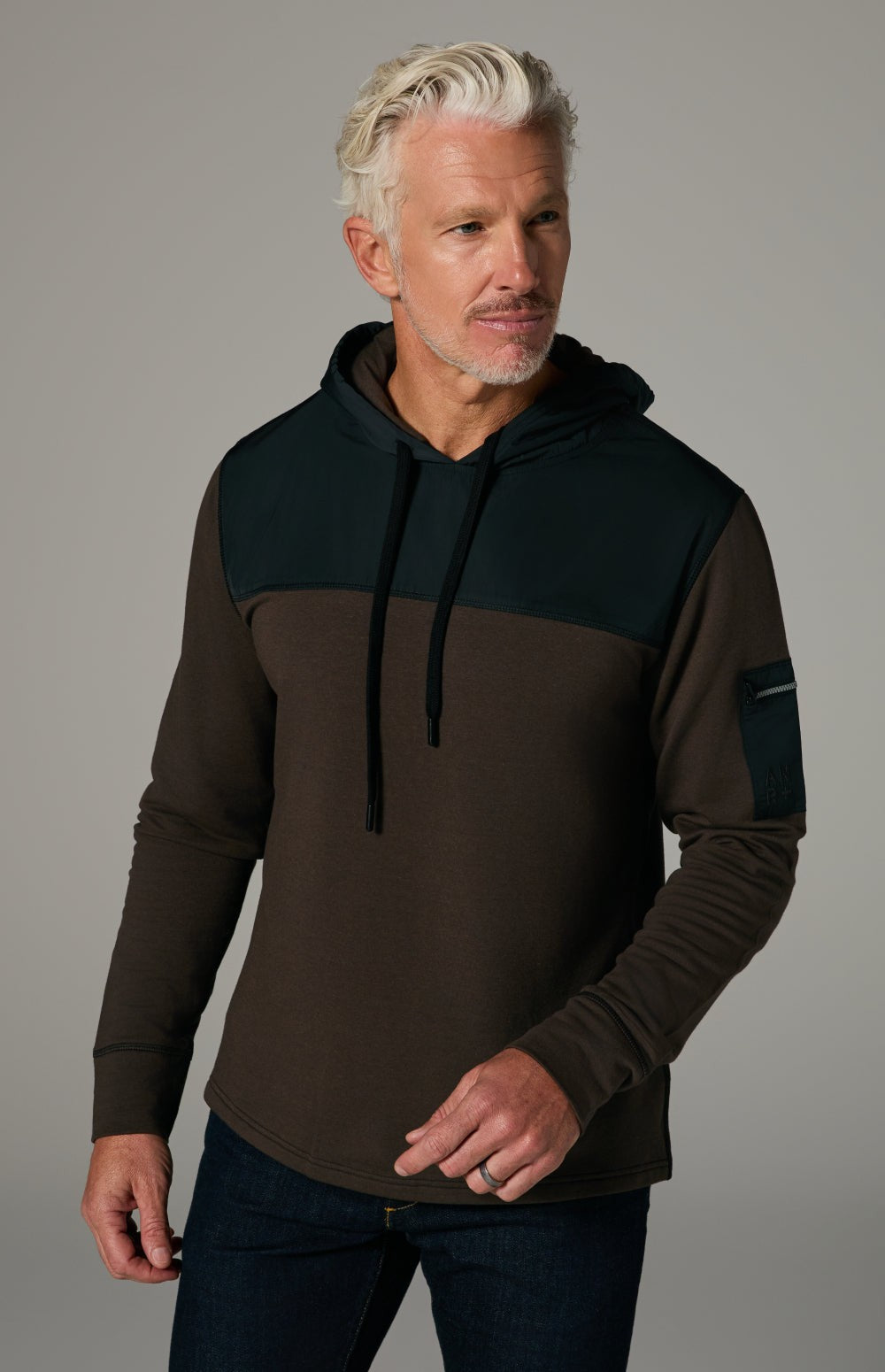 Alp N Rock Rowan Hoodie, dark brown hoodie for men with black chest fabric and zippered sleeve pocket