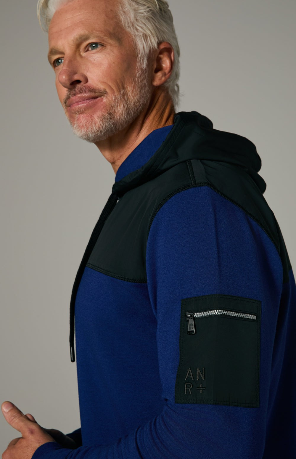 Alp N Rock Rowan Hoodie, blue hoodie for men with black chest fabric and zippered sleeve pocket